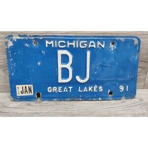 Michigan Personal Custom License Plate # BJ Blue Great Lakes-Collecting 1991